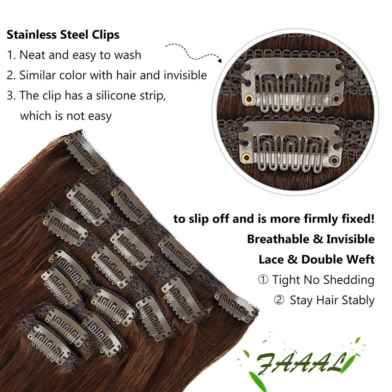 FAAAL 16" Clip in Human Hair Extensions Full Head 130g 7 Pieces 16 Clips 4# Chocolate Brown Double Weft Brazilian Real Remy Hair Extensions Thick Straight Silky (16",130g Chocolate Brown) - Image 5